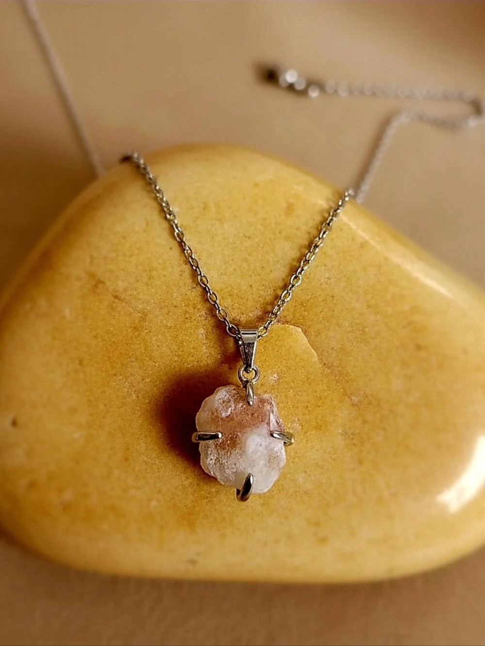 Sunstone Pendant White Gold-Plated Chain Necklace Natural Stone Women‎ Jewelry